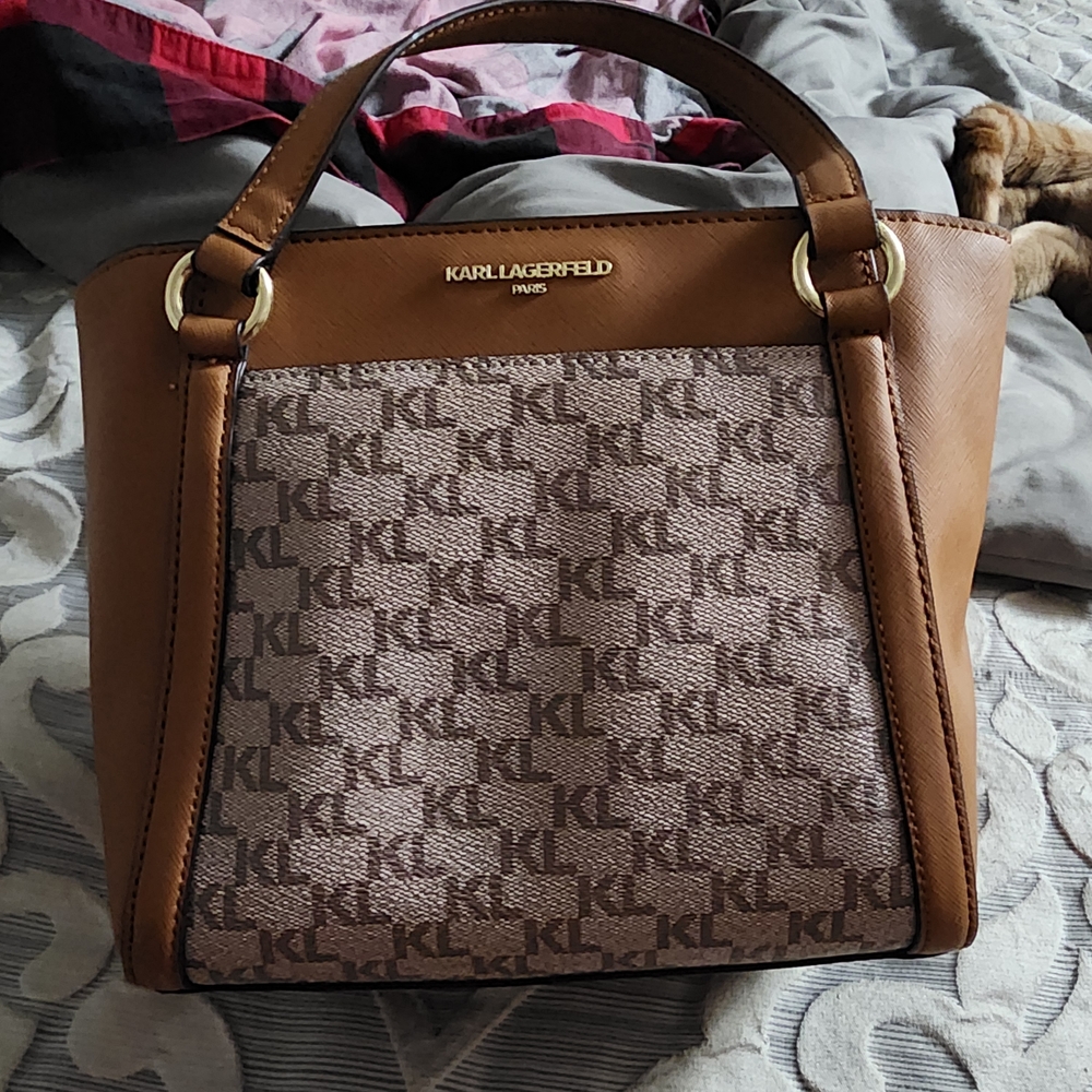 Karl Lagerfeld Brown and Tan Monogram Satchel - Picture 8 of 16